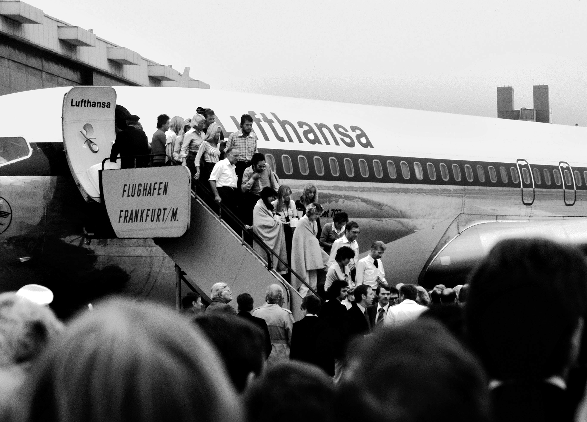 Die Passagiere der entführten „Landshut“ kamen am 18. Oktober 1977 an Bord einer Boeing B707 zurück nach Frankfurt.