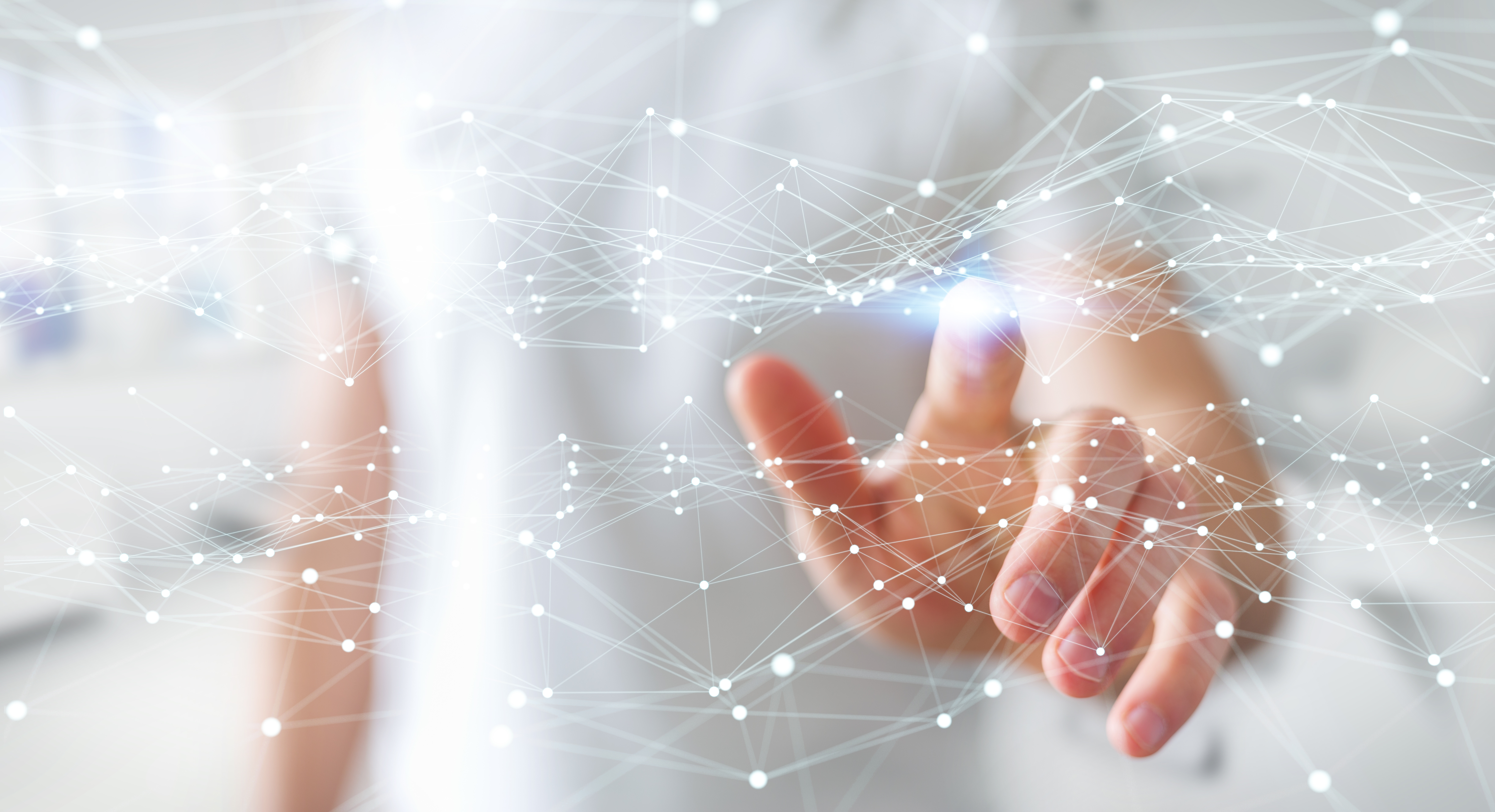 Von einer Hand berührtes Punktflugnetz auf verschwommenem 3D-Hintergrund